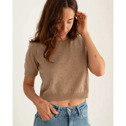 Pull Ajouré Manches Courtes Moka Coton Bio - Fait Main Cuenca | VETYMOD