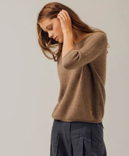 Pull Cachemire Bio Brun Maille Côtelée - Fabriqué en Mongolie | VETYMOD